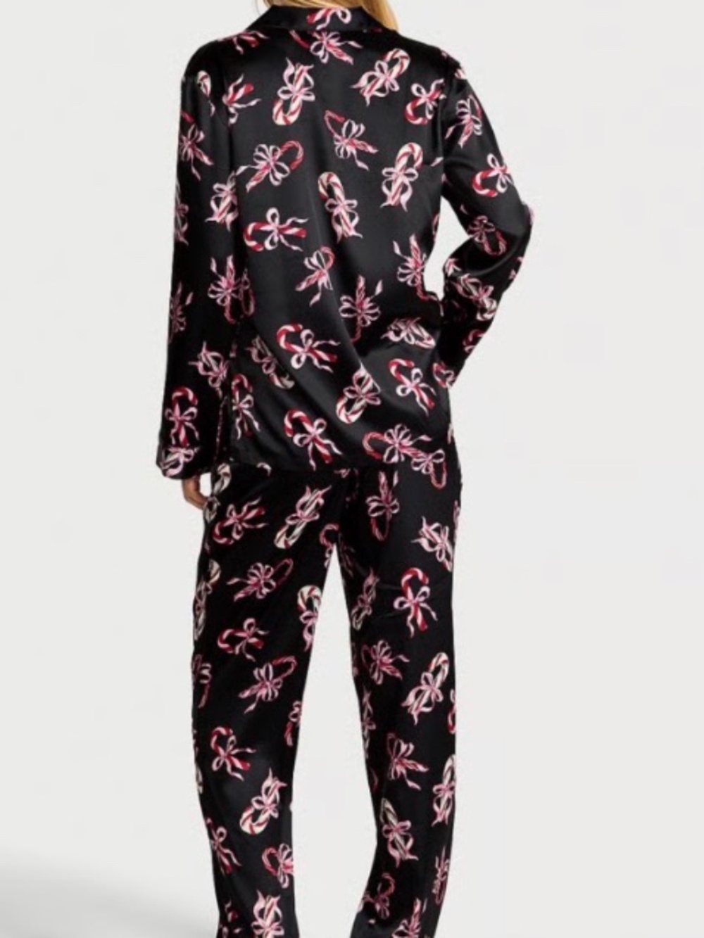 Victoria's Secret Black Satin Pajama Set with Pink Bow Print